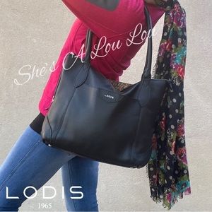 LODIS Siera Genuine Leather Luggage Travel Trolley Tote in Black w/Scarf